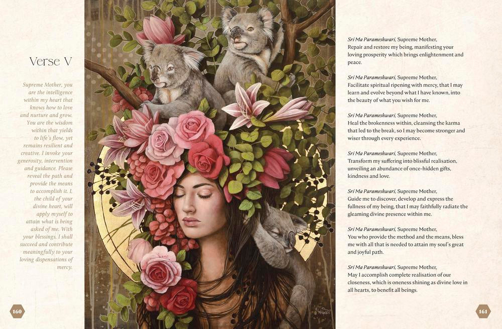 Artistic illustration of a woman with flowers and koalas in a natural setting