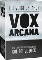 VOX Arcana tarot card deck packaging with 'The Voice of Tarot' text on a white background