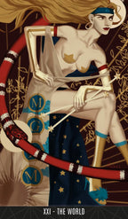 XXI | The World. A figure sits poised for action within an ouroboros.