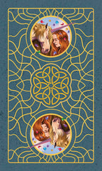 Decorative card with unicorn and woman illustration on a blue background with gold patterns