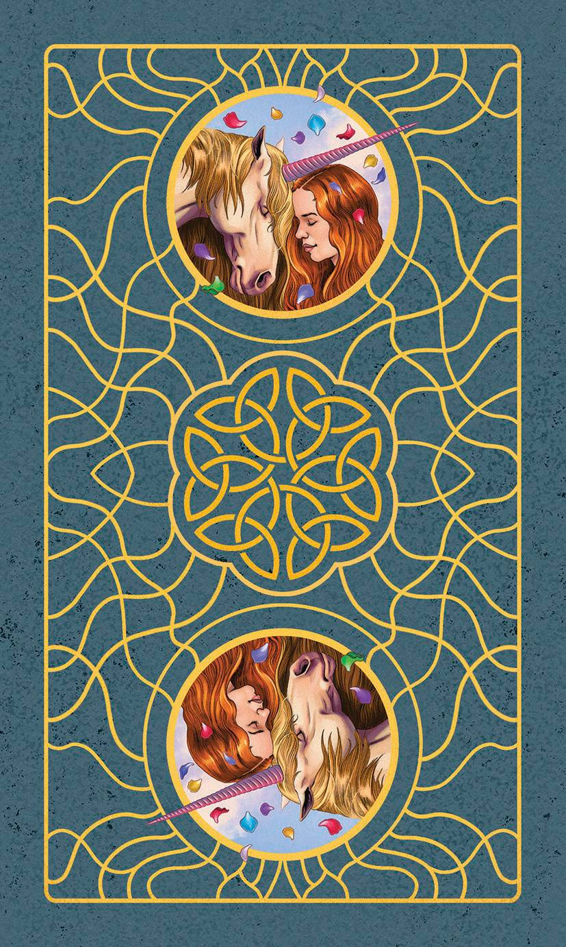 Decorative card with unicorn and woman illustration on a blue background with gold patterns
