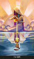 Two of Cups. A figure pours the golden contents of a golden chalice into her own reflection in a pool of water.