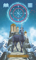 Unicorn standing on a mountain with a mystical circle above, resembling an astrological card.