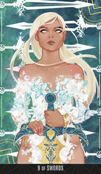 Illustration of a woman holding a sword with a mystical background. Nine of Swords