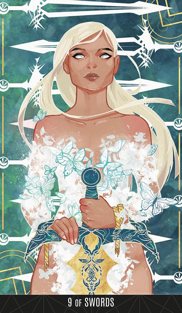 Illustration of a woman holding a sword with a mystical background. Nine of Swords