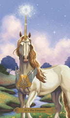 Unicorn with armor and staff in a fantasy landscape, resembling 'The Emperor' card from a tarot deck.
