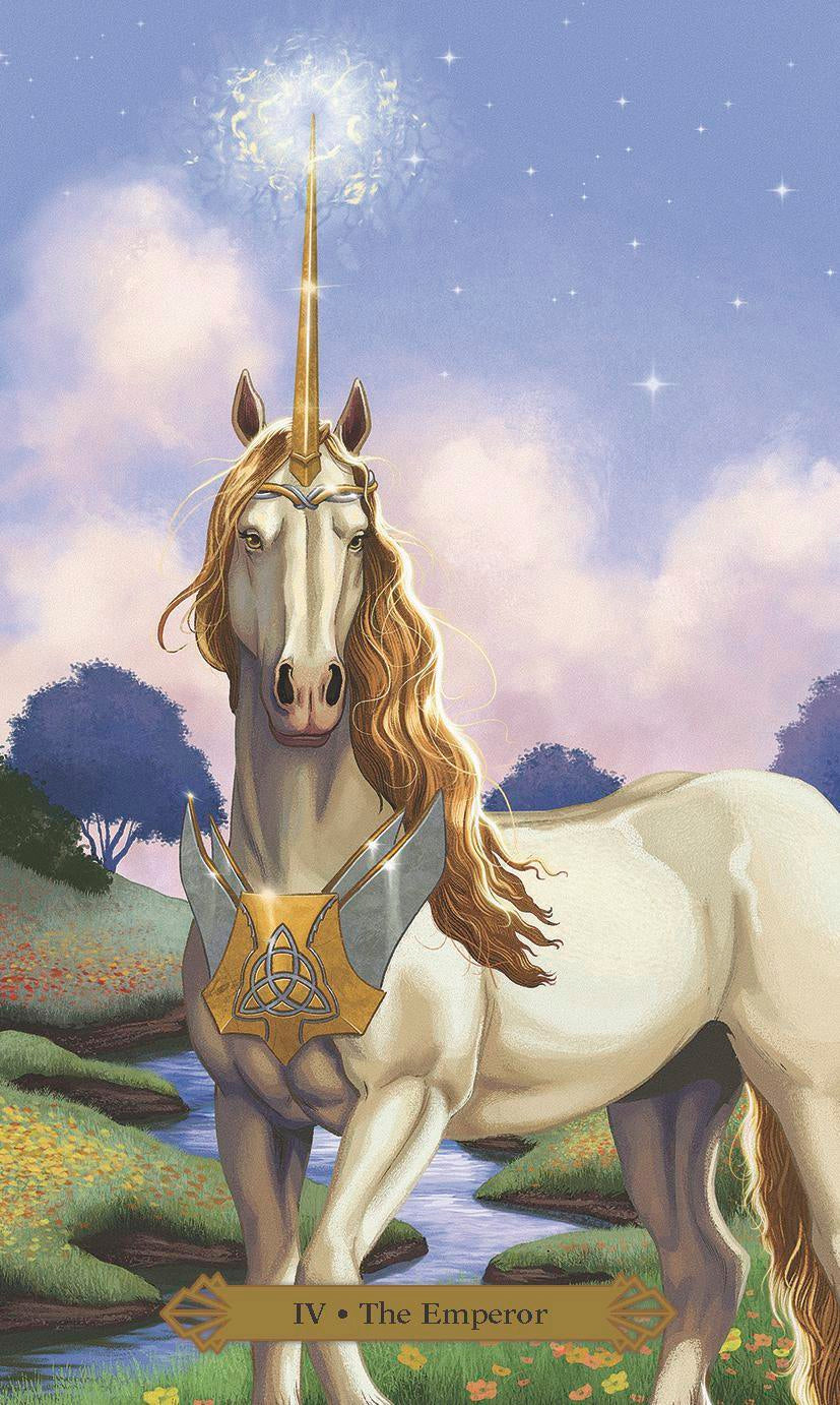 Unicorn with armor and staff in a fantasy landscape, resembling 'The Emperor' card from a tarot deck.