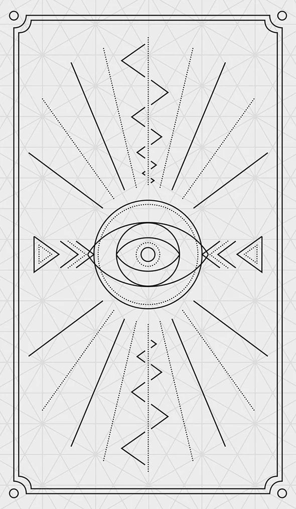 The backside of the Vox Arcana Tarot. Magical symbols on a white background
