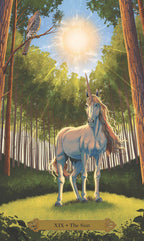 Unicorn standing in a forest with a sun-like orb above, surrounded by trees.
