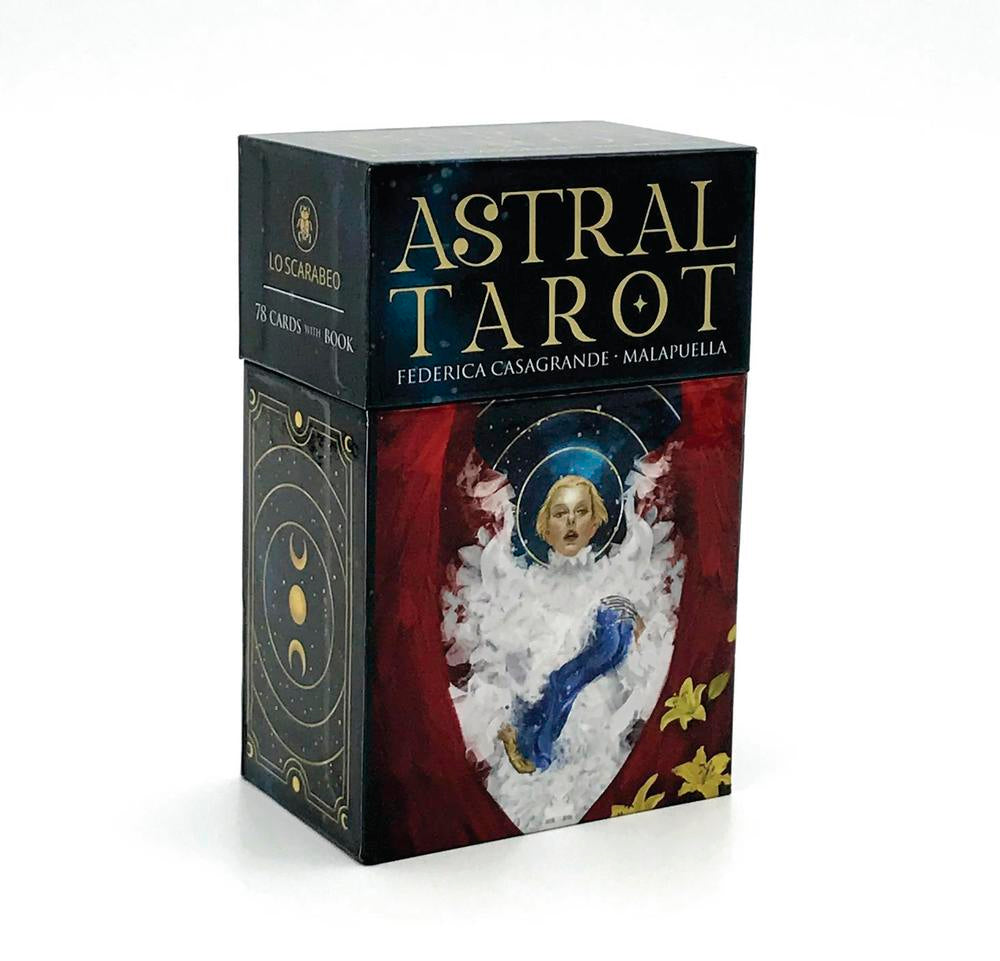Astral Tarot card set packaging with decorative design and text on a white background