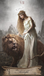 Tarot card featuring a woman in a white dress standing next to a lion with the word 'Strength' at the bottom.