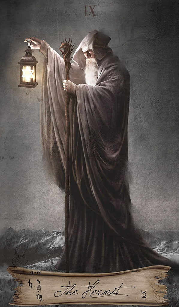 Figure in a long robe holding a staff and lantern, with 'The Hermit' card at the bottom.