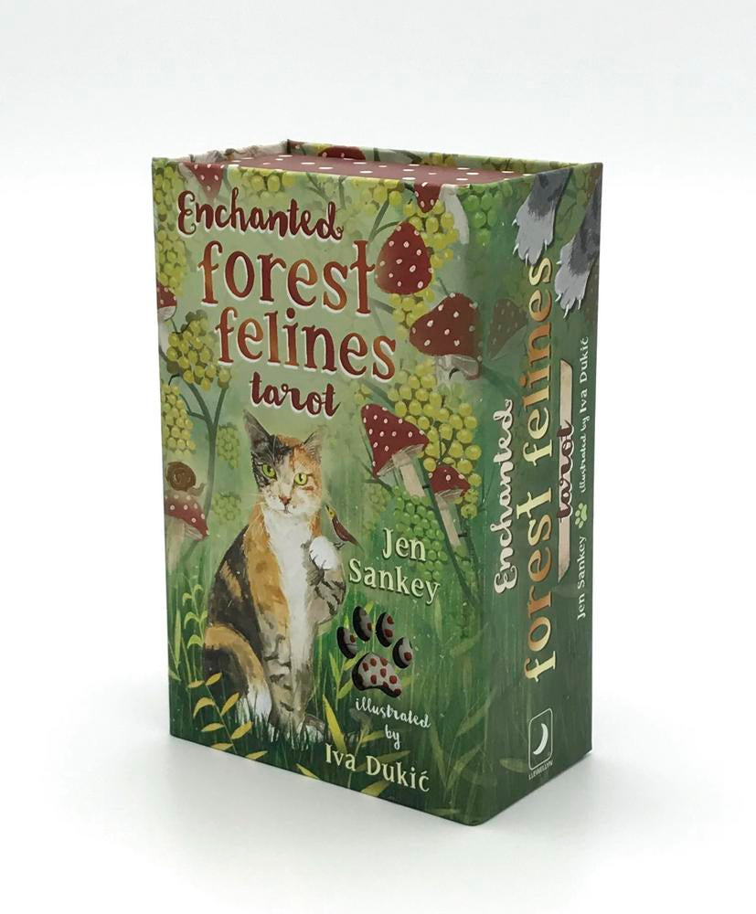 Box of 'Enchanted Forest Felines Tarot' with a cat illustration on a white background