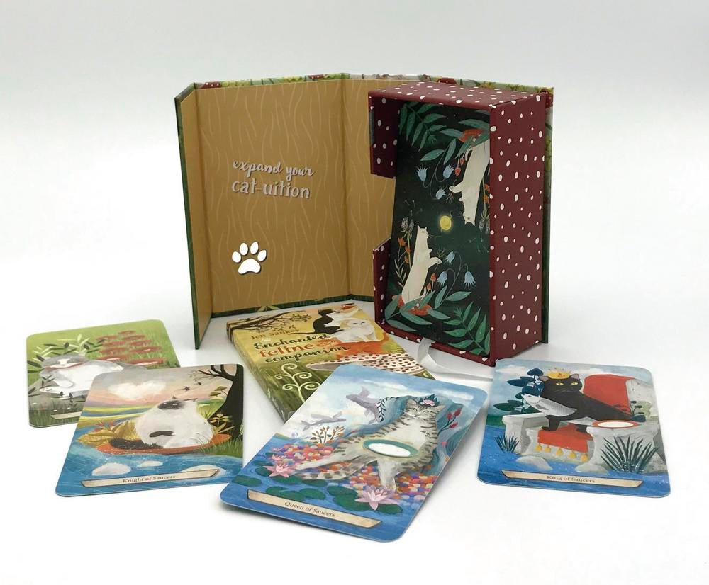 Set of cat-themed cards with a wooden box on a white background
