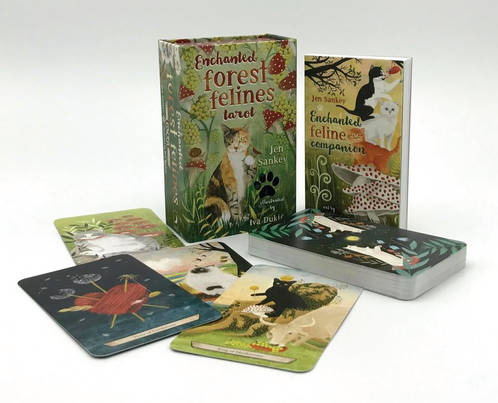 Card game set with 'Enchanted Forest Felines' theme on a white background