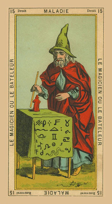 Vintage-style card featuring a magician or bateleur with a green hat and red robe, sitting at a table with symbols.