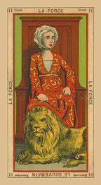 Vintage-style card featuring a woman in a red dress with a lion at her feet, labeled 'La Force'.