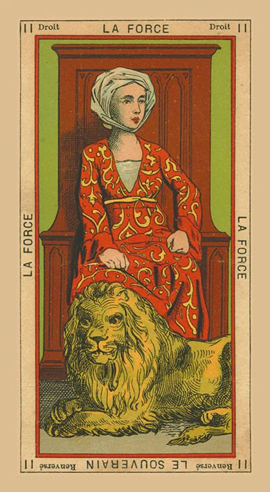 Vintage-style card featuring a woman in a red dress with a lion at her feet, labeled 'La Force'.