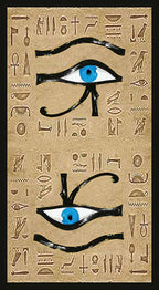 Decorative panel with Egyptian hieroglyphs and the Eye of Horus on a beige background.