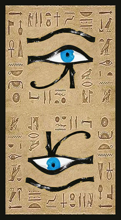 Decorative panel with Egyptian hieroglyphs and the Eye of Horus on a beige background.