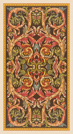 Decorative pattern with intricate designs in red, green, and gold on a black background