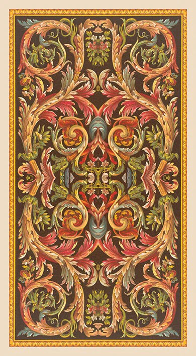 Decorative pattern with intricate designs in red, green, and gold on a black background