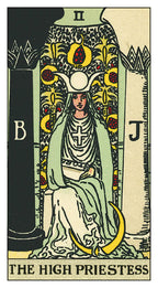 Tarot card featuring 'The High Priestess' with a person in a green robe and white headdress.