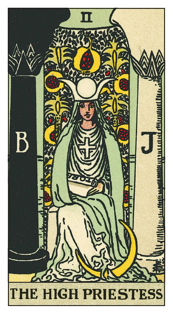 Tarot card featuring 'The High Priestess' with a person in a green robe and white headdress.