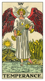 Tarot card featuring an angel with red wings holding scales, labeled 'Temperance'.