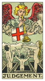 Tarot card titled 'Judgment' featuring an angel with a trumpet and flag, surrounded by people in a pool.
