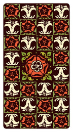 Decorative rug with a geometric pattern featuring flowers on a brown background