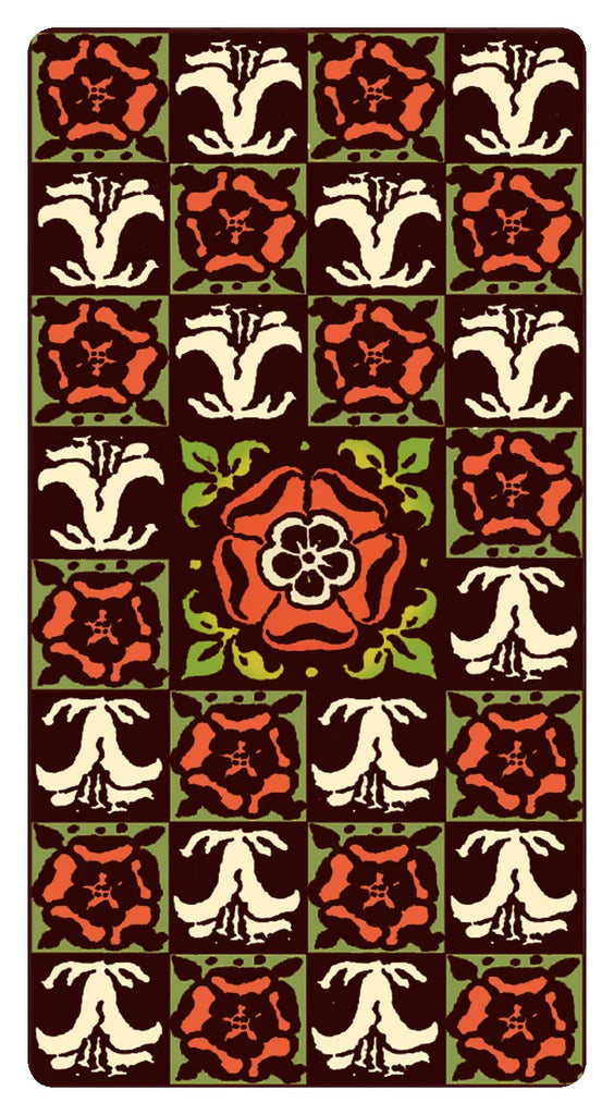 Decorative rug with a geometric pattern featuring flowers on a brown background