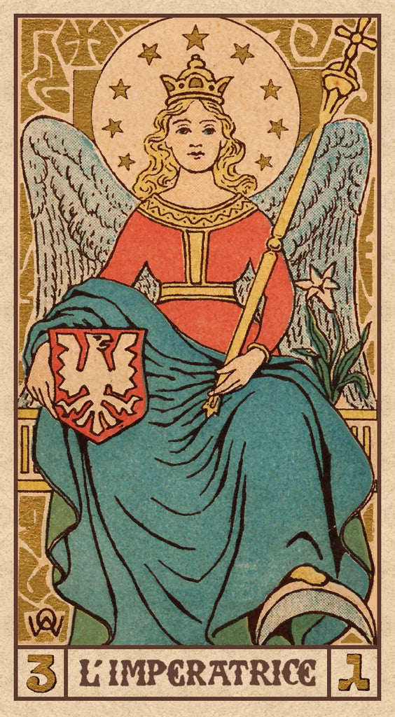 Card featuring an angelic figure with wings, holding a scepter and a shield with a lion emblem, on a decorative background.