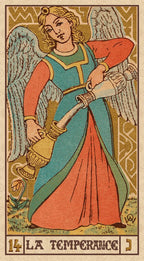 Card from a tarot deck featuring an angel with wings, holding a pitcher, labeled 'La Temperance'.