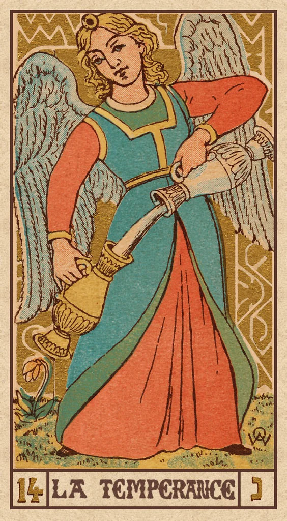 Card from a tarot deck featuring an angel with wings, holding a pitcher, labeled 'La Temperance'.