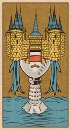 Cartoonish illustration of a character with a castle head and tentacles, standing in water.