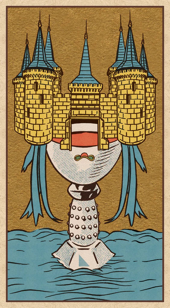 Cartoonish illustration of a character with a castle head and tentacles, standing in water.