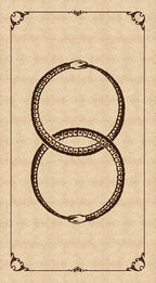 Decorative illustration of a snake forming the number 8 on a beige background with decorative border.