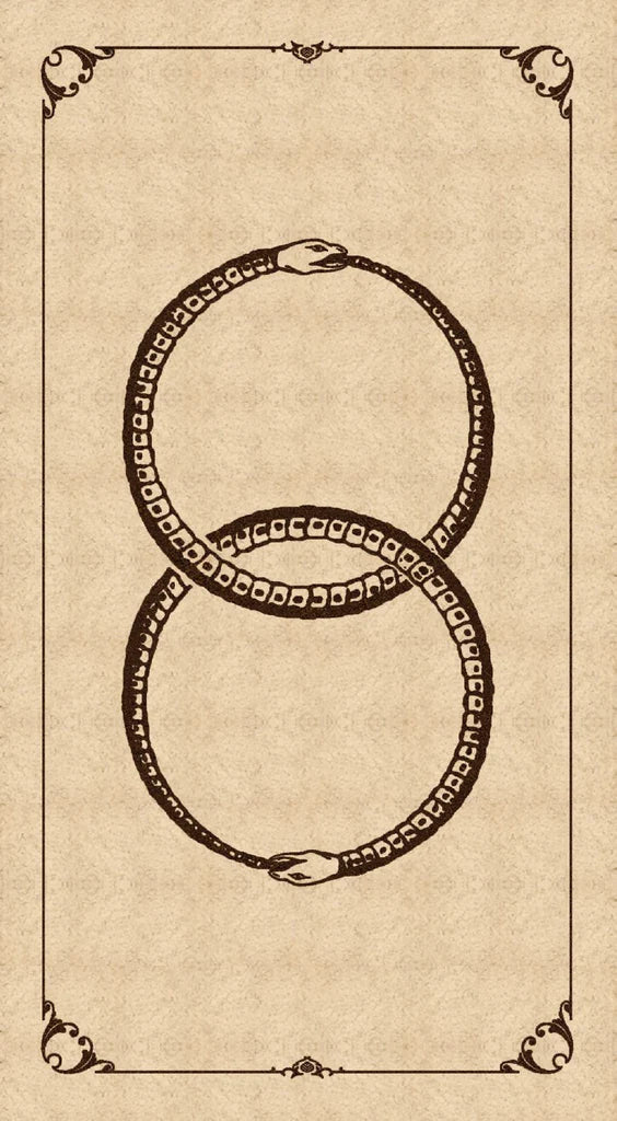 Decorative illustration of a snake forming the number 8 on a beige background with decorative border.