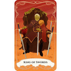 King of Swords tarot card with a king figure holding swords on an orange background