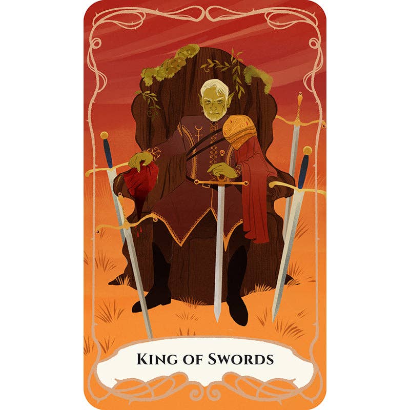 King of Swords tarot card with a king figure holding swords on an orange background
