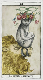 A tarot-style illustration labeled 'XI' at the top and 'LA FUERZA / STRENGTH' at the bottom, showing a gray cat sitting on a lion's head with flowers around its head on an aged beige background.