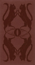 A square artwork featuring a symmetrical design of four dark cat silhouettes around a central eye motif, on a warm reddish-brown background. Curved text near the eye reads 'ANA JUAN' and 'ANIF WAND'.