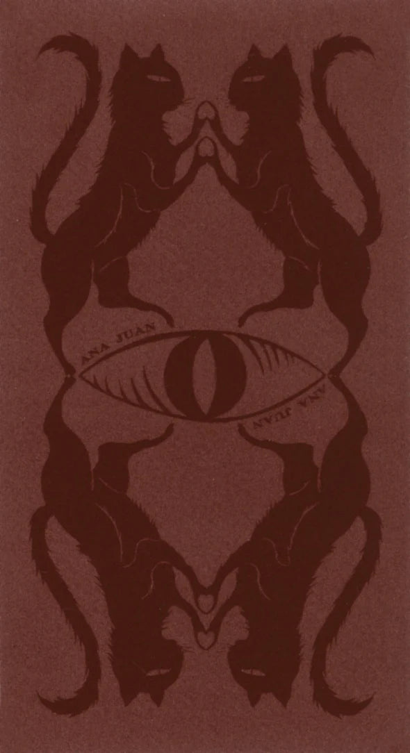 A square artwork featuring a symmetrical design of four dark cat silhouettes around a central eye motif, on a warm reddish-brown background. Curved text near the eye reads 'ANA JUAN' and 'ANIF WAND'.