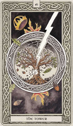 Tarot card titled 'The Tower' with a central design of a tree and lightning bolt, surrounded by decorative elements.