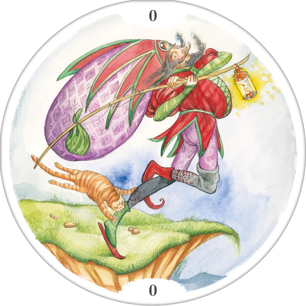 Colorful illustration of a fairy-tale scene with a fairy, cat, and dragon on a circular background.