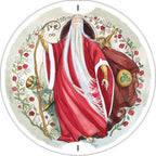 Circular artwork of a figure in red robes with decorative elements on a white background
