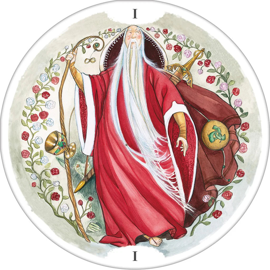 Circular artwork of a figure in red robes with decorative elements on a white background