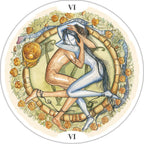 Artistic depiction of a tarot card with two figures intertwined, surrounded by flowers.
