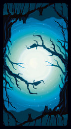 Silhouette of a person swimming underwater with a bright light in the center, framed by dark tree branches.
